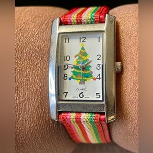 Christmas Tree Square Quartz Square Quartz Watch with Red, Green Stripe Band